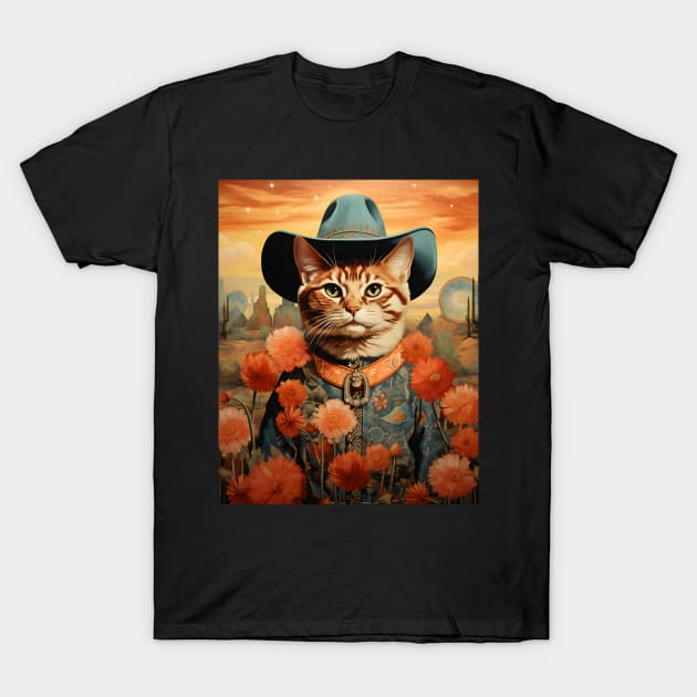 Retro Vintage Cowboy Ginger Cat - Whiskered Wild West Adventure T-Shirt by KittyStampedeCo